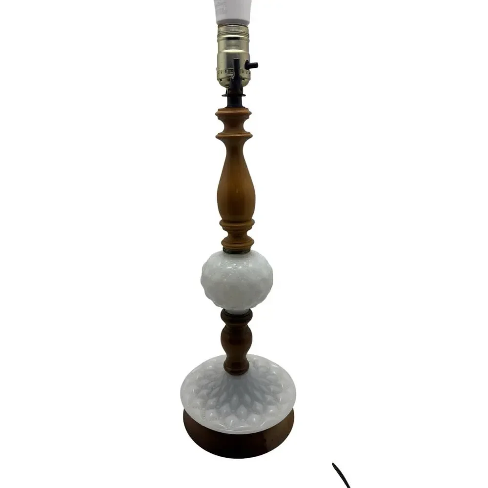 Vintage Hobnail Milk Glass & Wood Table Lamp 18